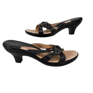 Sofft Heeled Sandals Women's Size 9 Black Leather Slip On Strappy Open Toe